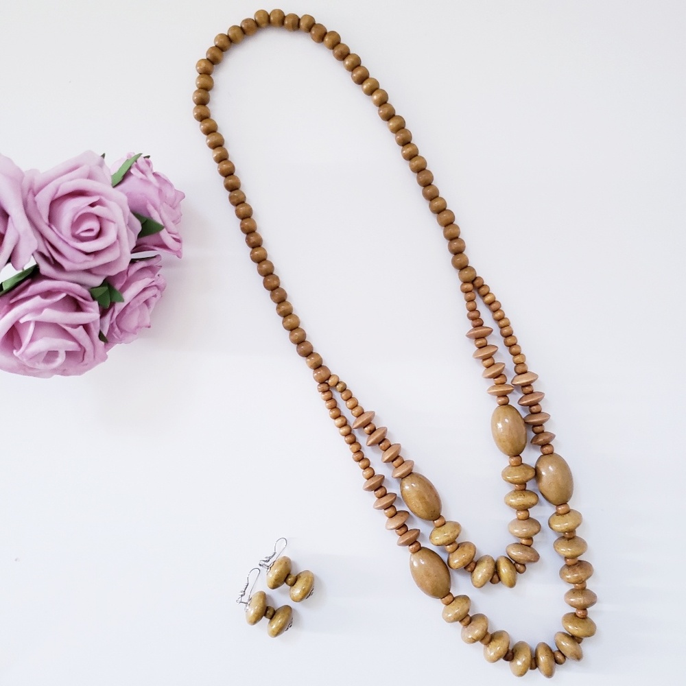 Wood Bead Layered Necklace and Earrings Set - Tan